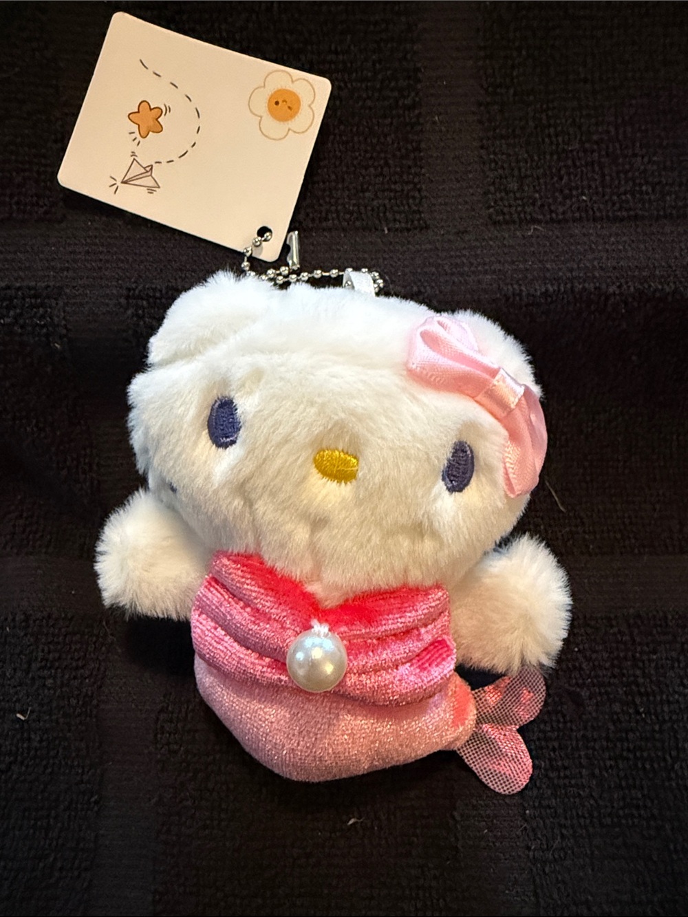 Cute Kitty White Plush Mermaid Keychain with Pink Bow and Pearl